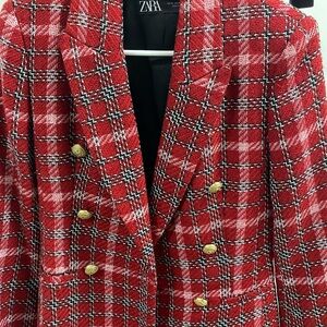Zara Red Checkered Blazer with Gold Accents